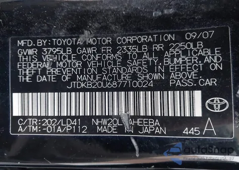 2008 Toyota Prius z USA, uszkodzony, nr VIN JTDKB20U687710024